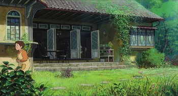 Movie still from “The Secret World of Arrietty” (2010), directed by Hiromasa Yonebayashi – A painting of an outdoor patio with a table , chairs , and plants; Extreme Wide shot, Low angle