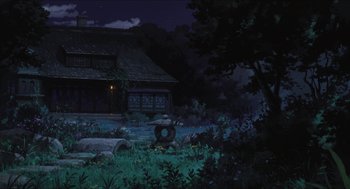 Movie still from “The Secret World of Arrietty” (2010), directed by Hiromasa Yonebayashi – A painting of a house at night with the moon in the background; Extreme Wide shot, Low angle