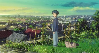 Movie still from “The Secret World of Arrietty” (2010), directed by Hiromasa Yonebayashi – A man standing in a field with a cat; Wide shot, High angle