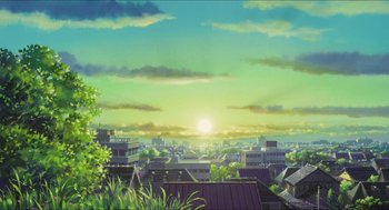 Movie still from “The Secret World of Arrietty” (2010), directed by Hiromasa Yonebayashi – A painting of a sunset over a city; Extreme Wide shot, Low angle