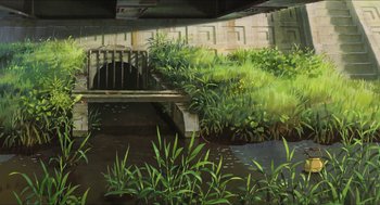Movie still from “The Secret World of Arrietty” (2010), directed by Hiromasa Yonebayashi – An oil painting of a bench near a pond; Extreme Wide shot, High angle