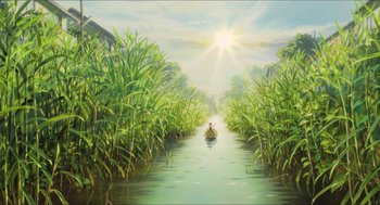 Movie still from “The Secret World of Arrietty” (2010), directed by Hiromasa Yonebayashi – A painting of a boat on a river surrounded by tall green grass; Extreme Wide shot, Low angle