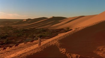 Movie still from “The Sheltering Sky” (1990), directed by Bernardo Bertolucci – A person in a white dress standing on top of a sand dune; Extreme Wide shot, High angle