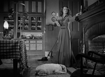 Movie still from “The Spiral Staircase” (1946), directed by Robert Siodmak – A black and white photo of a woman and a dog; Wide shot, High angle