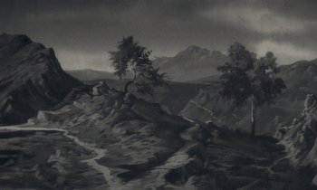 Movie still from “The State of Things” (1982), directed by Wim Wenders – A black and white painting of a tree on a hill; Extreme Wide shot, High angle