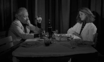 Movie still from “The State of Things” (1982), directed by Wim Wenders – A man and a woman sitting at a dinner table; Medium shot, Over the shoulder angle