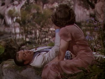 Movie still from “The Story of Dr. Wassell” (1944), directed by Cecil B. DeMille – A man and a woman sitting on the ground in the grass; Medium shot, High angle