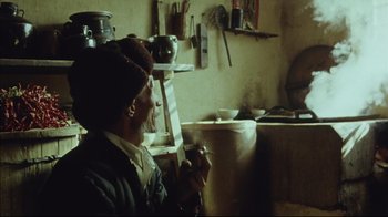 Movie still from “The Story of Qiu Ju” (1992), directed by Yimou Zhang – An old woman is painting in a kitchen; Medium shot, Over the shoulder angle