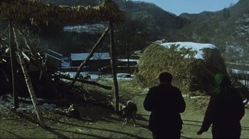 Movie still from “The Story of Qiu Ju” (1992), directed by Yimou Zhang – A man standing next to a dog in a field; Wide shot, High angle