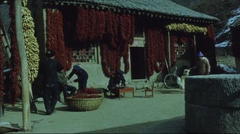 Movie still from “The Story of Qiu Ju” (1992), directed by Yimou Zhang – A group of people standing next to each other near a building; Extreme Wide shot, High angle