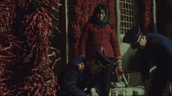 Movie still from “The Story of Qiu Ju” (1992), directed by Yimou Zhang – A woman in a red jacket standing next to a man in a uniform; Medium shot, High angle