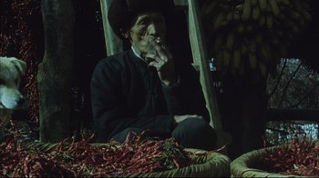 Movie still from “The Story of Qiu Ju” (1992), directed by Yimou Zhang – A man sitting in a chair next to a pile of chili peppers; Medium shot, High angle