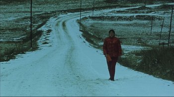 Movie still from “The Story of Qiu Ju” (1992), directed by Yimou Zhang – A person walking on a snow covered road; Wide shot, High angle