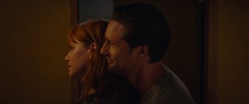 Movie still from “The Strangers: Prey at Night” (2018), directed by Johannes Roberts – A man and a woman sitting next to each other in a room; Close Up shot, Low angle