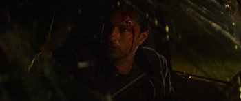 Movie still from “The Strangers: Prey at Night” (2018), directed by Johannes Roberts – A person with blood on his face; Close Up shot, Over the shoulder angle