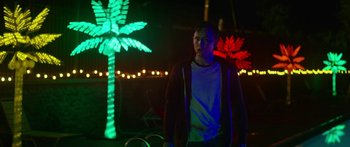 Movie still from “The Strangers: Prey at Night” (2018), directed by Johannes Roberts – A man standing in front of a palm tree at night; Medium shot, Low angle