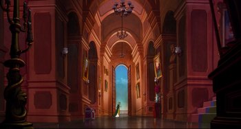 Movie still from “The Swan Princess” (1994), directed by Richard Rich – A painting of a woman standing in front of an open door; Extreme Wide shot, Low angle