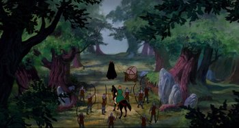 Movie still from “The Swan Princess” (1994), directed by Richard Rich – A group of people are gathered in the woods; Extreme Wide shot, High angle
