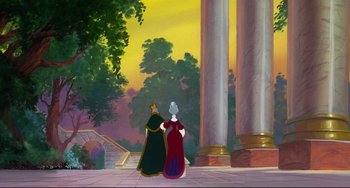 Movie still from “The Swan Princess” (1994), directed by Richard Rich – A couple of people standing next to each other near pillars; Extreme Wide shot, Low angle