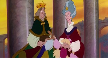 Movie still from “The Swan Princess” (1994), directed by Richard Rich – A group of people standing next to each other in a room; Medium shot, Over the shoulder angle
