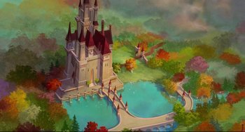 Movie still from “The Swan Princess” (1994), directed by Richard Rich – An aerial view of a fairy tale castle; Extreme Wide shot, High angle