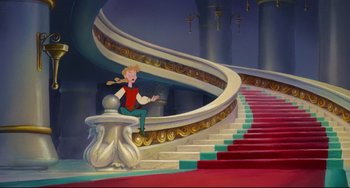 Movie still from “The Swan Princess” (1994), directed by Richard Rich – A painting of a man sitting on top of a stair case; Wide shot, Low angle