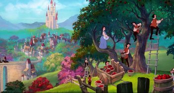 Movie still from “The Swan Princess” (1994), directed by Richard Rich – A painting of snow white and the seven dwarfs; Extreme Wide shot, Overhead angle
