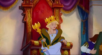 Movie still from “The Swan Princess” (1994), directed by Richard Rich – A woman sitting on a throne holding a scepter; Wide shot, High angle