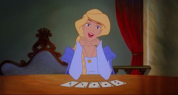Movie still from “The Swan Princess” (1994), directed by Richard Rich – A woman sitting in front of playing cards on top of a table; Medium shot, High angle