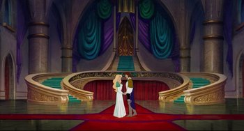 Movie still from “The Swan Princess” (1994), directed by Richard Rich – A couple of people standing in front of a red carpet; Wide shot, High angle
