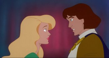 Movie still from “The Swan Princess” (1994), directed by Richard Rich – A man and a woman looking at one another; Close Up shot, Over the shoulder angle