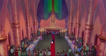 Movie still from “The Swan Princess” (1994), directed by Richard Rich – A group of people standing in a large room; Extreme Wide shot, High angle