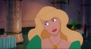 Movie still from “The Swan Princess” (1994), directed by Richard Rich – A cartoon character with blonde hair; Close Up shot, Over the shoulder angle
