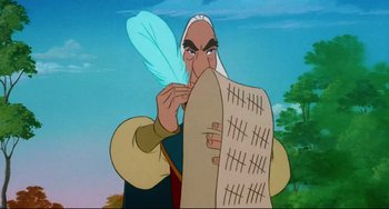 Movie still from “The Swan Princess” (1994), directed by Richard Rich – An animated character is holding a sheet of paper; Close Up shot, Low angle