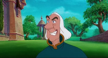 Movie still from “The Swan Princess” (1994), directed by Richard Rich – A cartoon character smiling; Close Up shot, Over the shoulder angle