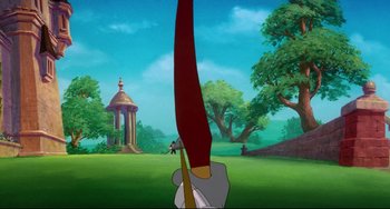Movie still from “The Swan Princess” (1994), directed by Richard Rich – A person is holding an object up to their face; Wide shot, Over the shoulder angle