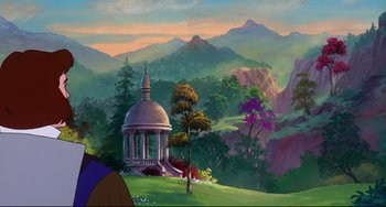 Movie still from “The Swan Princess” (1994), directed by Richard Rich – A painting of a gazebo in the middle of a lush green field; Extreme Wide shot, Over the shoulder angle