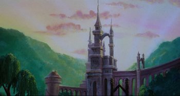Movie still from “The Swan Princess” (1994), directed by Richard Rich – A painting of a castle with a sky in the background; Extreme Wide shot, Low angle