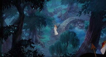 Movie still from “The Swan Princess” (1994), directed by Richard Rich – A painting of a woman standing in a forest; Extreme Wide shot, High angle