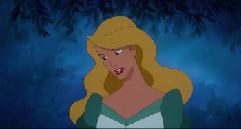Movie still from “The Swan Princess” (1994), directed by Richard Rich – A cartoon character with long blonde hair; Close Up shot, Over the shoulder angle