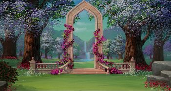 Movie still from “The Swan Princess” (1994), directed by Richard Rich – A painting of an archway in the middle of a park; Extreme Wide shot, High angle