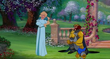 Movie still from “The Swan Princess” (1994), directed by Richard Rich – A scene from the disney animated film sleeping beauty; Wide shot, Over the shoulder angle