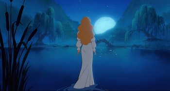 Movie still from “The Swan Princess” (1994), directed by Richard Rich – A woman in a white dress standing in front of a body of water; Wide shot, Over the shoulder angle