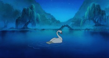 Movie still from “The Swan Princess” (1994), directed by Richard Rich – A swan floating on top of a body of water; Extreme Wide shot, High angle