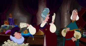 Movie still from “The Swan Princess” (1994), directed by Richard Rich – A woman in a red dress is holding a sheet of paper in her hand; Medium shot, Over the shoulder angle