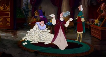 Movie still from “The Swan Princess” (1994), directed by Richard Rich – A scene from the disney animated movie snow white and the seven dwarfs; Wide shot, High angle