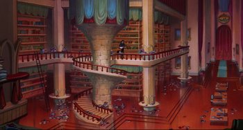Movie still from “The Swan Princess” (1994), directed by Richard Rich – A painting of a library with a spiral staircase; Extreme Wide shot, High angle