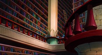 Movie still from “The Swan Princess” (1994), directed by Richard Rich – An illustration of a library with a ladder and bookshelves; Extreme Wide shot, Low angle