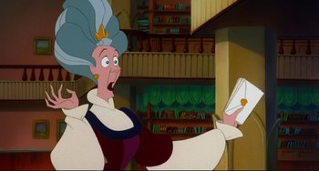 Movie still from “The Swan Princess” (1994), directed by Richard Rich – An old woman is holding a book in her hand; Close Up shot, Low angle
