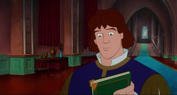 Movie still from “The Swan Princess” (1994), directed by Richard Rich – A man holding a book while standing in front of a table; Medium shot, Over the shoulder angle